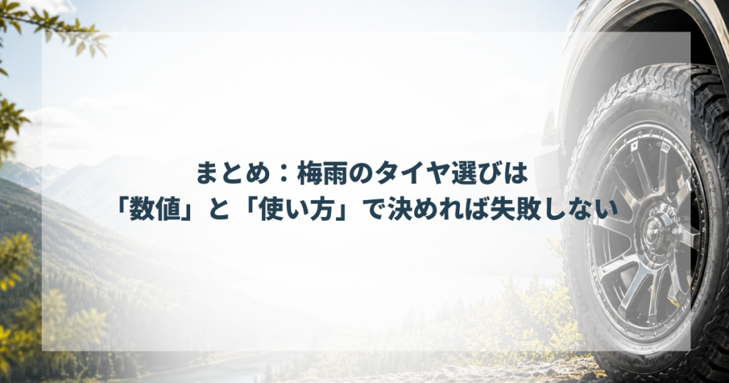 まとめ：梅雨のタイヤ選びは「数値」と「使い方」で決めれば失敗しない