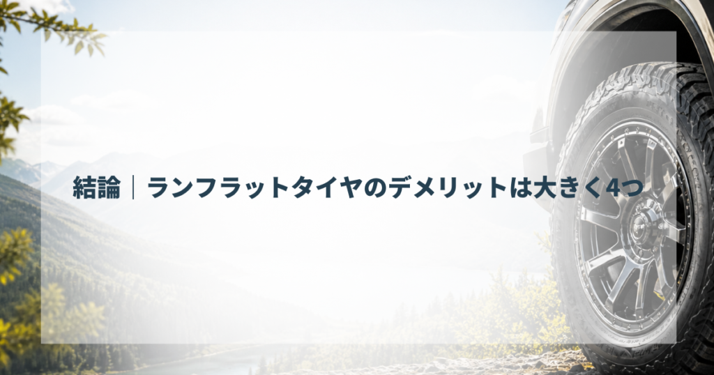 結論｜ランフラットタイヤのデメリットは大きく4つ