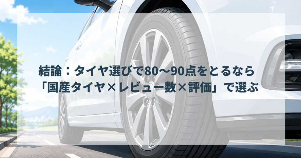 結論：タイヤ選びで80〜90点をとるなら「国産タイヤ×レビュー数×評価」で選ぶ