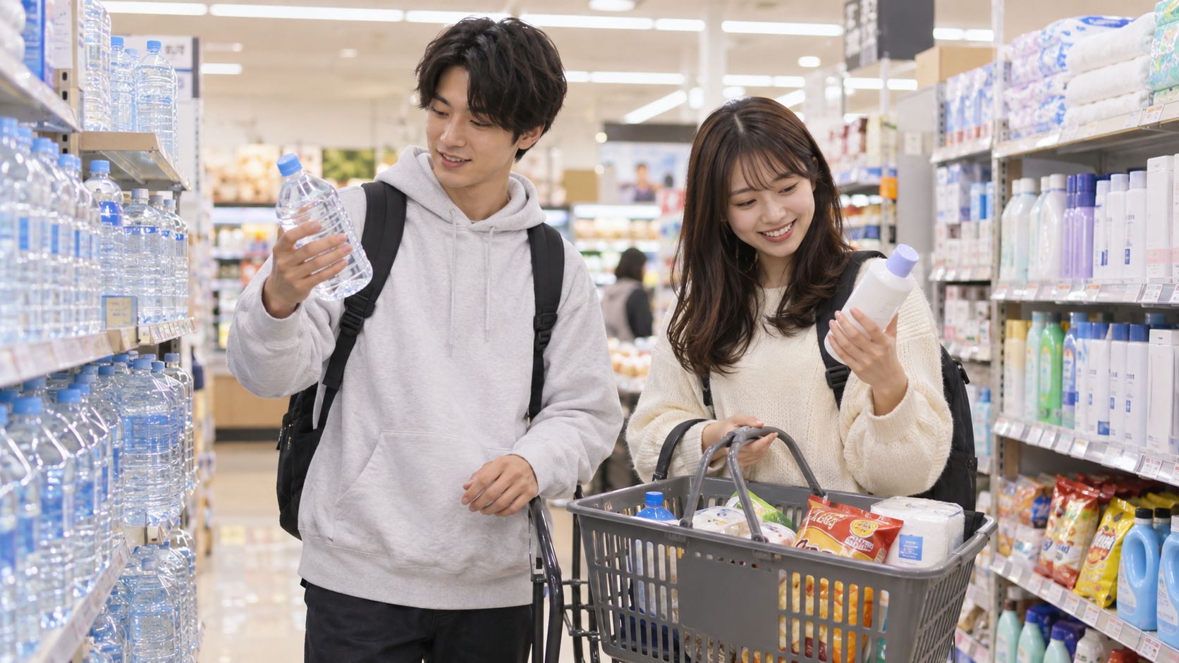 合宿免許中の飲料や洗面用品を買う教習生のイメージ
