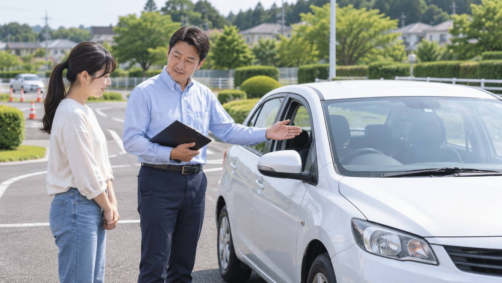 教習コースで指導員から説明を受ける合宿免許生のイメージ