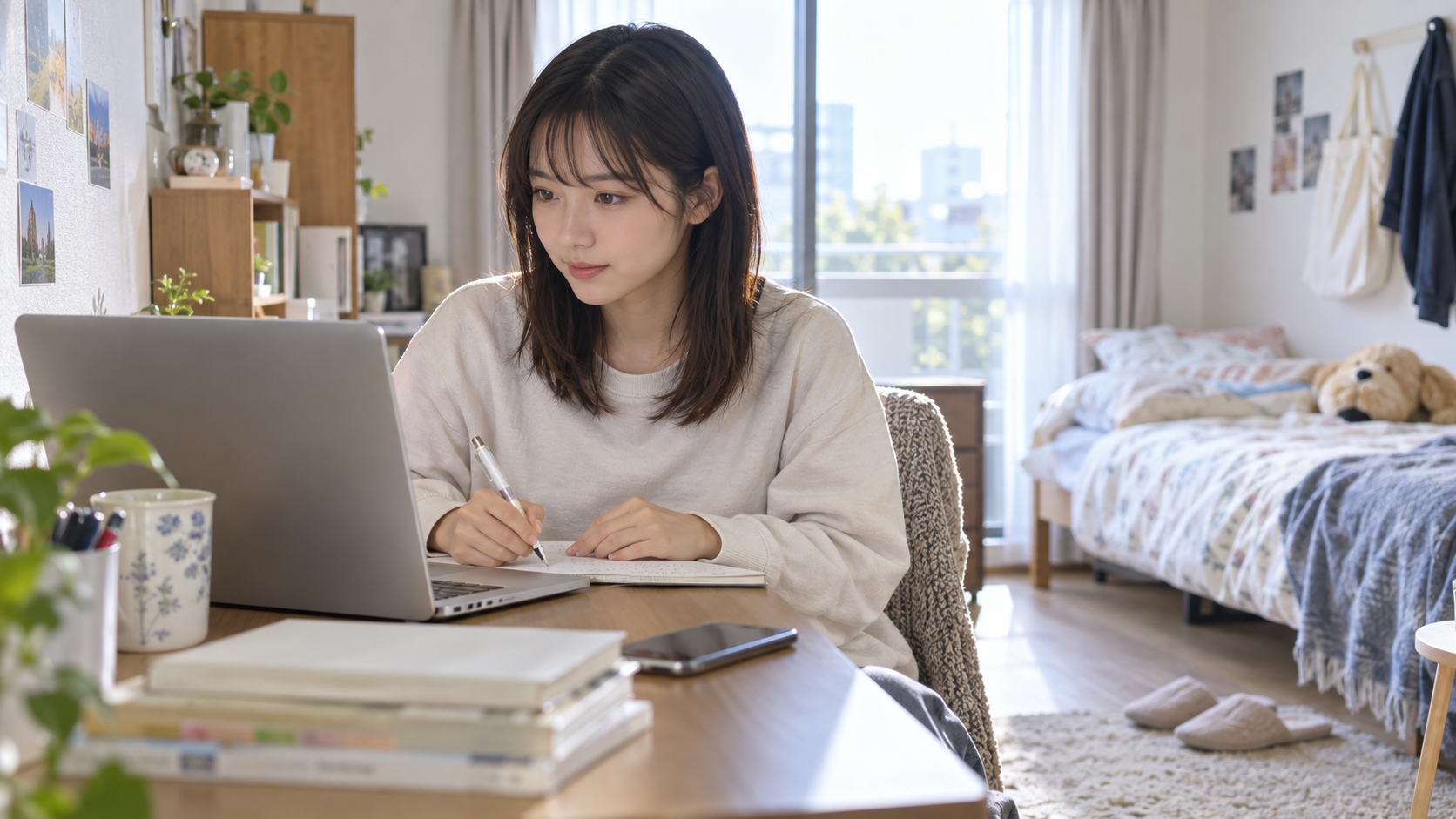 浜松自動車学校の合宿生活をイメージしたオンライン学科の学習風景