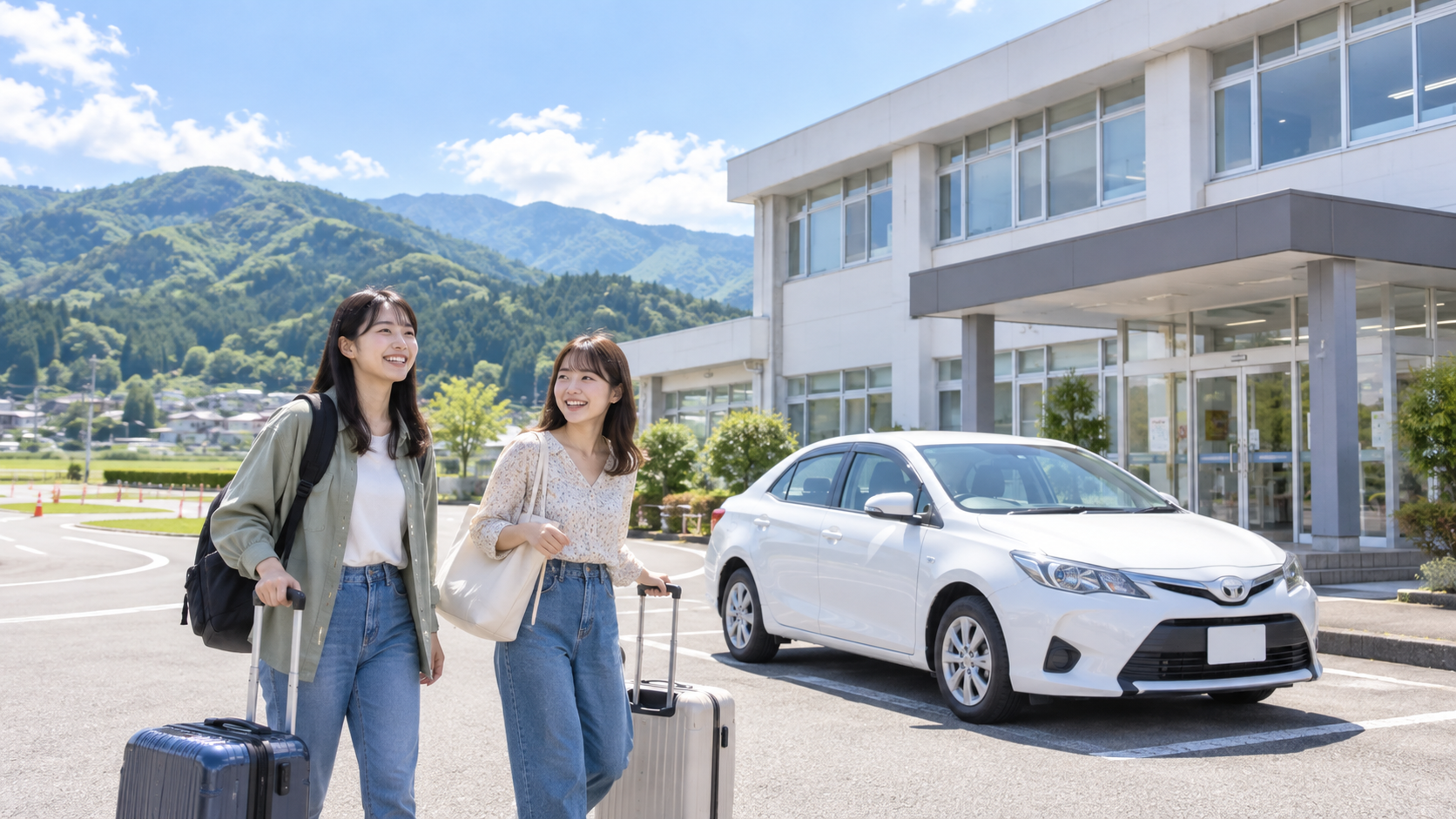 友人2人で山形の合宿免許へ到着したイメージ