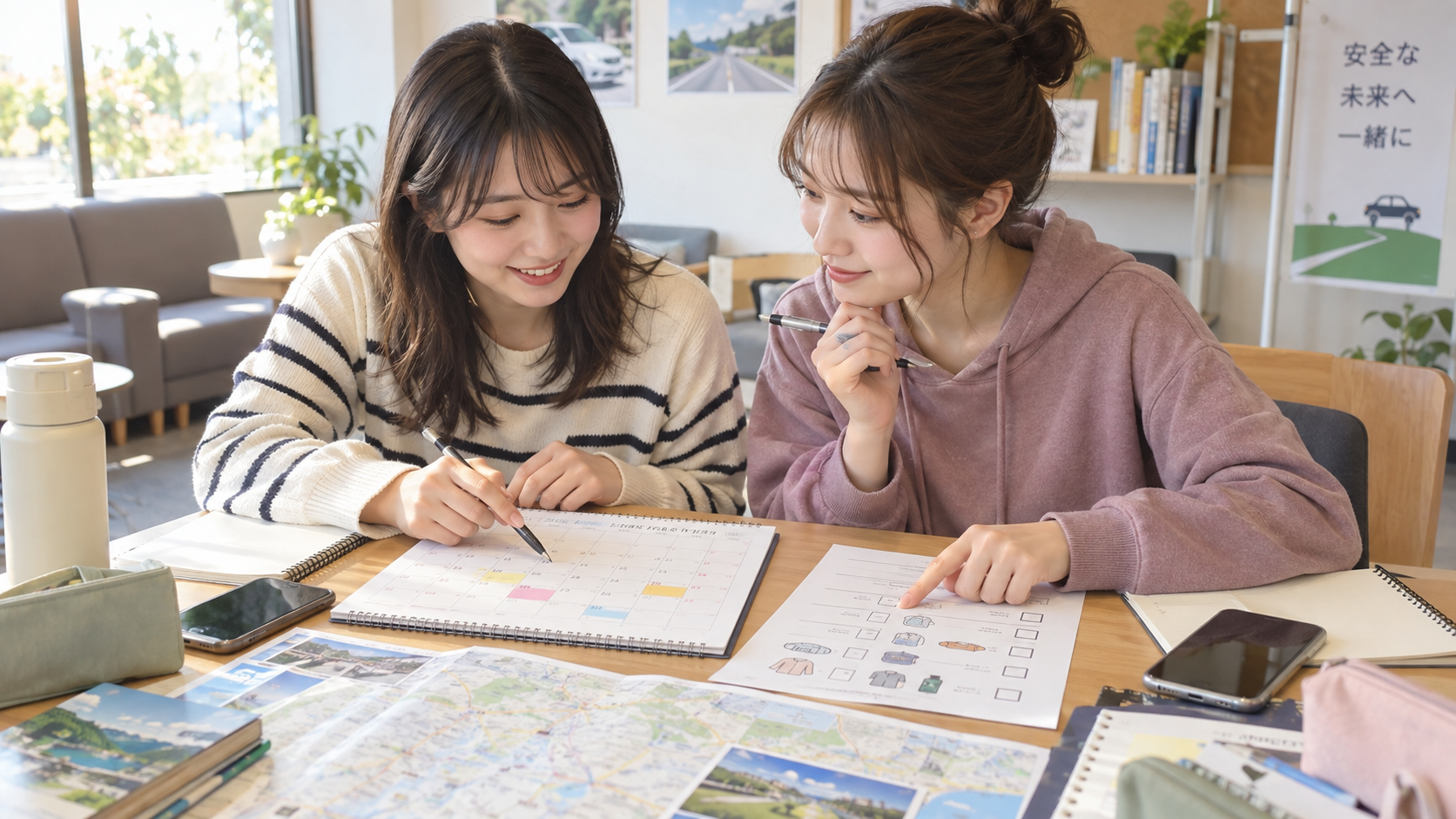 免許合宿の日程と持ち物を確認する女子2人